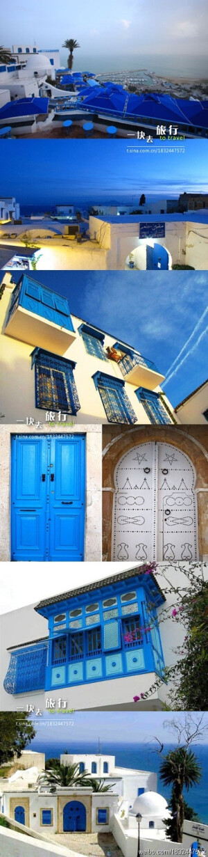 【心中童话，邂逅突尼斯蓝白小镇】整个城镇，只有蓝和白，呼应着天空和云朵的颜色，这样的城镇，是童话吧。#环游世界#