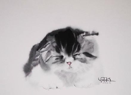 水墨猫，栩栩如生，慵懒的灵动。丨来自画家村上豊。