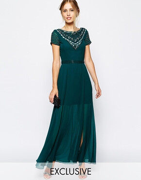 Frock and Frill Maxi Dress With Jeweled Neck