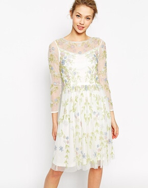 Frock and Frill Long Sleeve Midi Dress With All Over Garden Embellishment