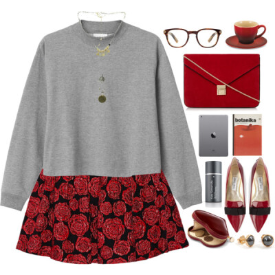 A fashion look from February 2015 featuring gray sweatshirt, floral print mini skirt and red pointy toe flats. Browse and shop related looks.