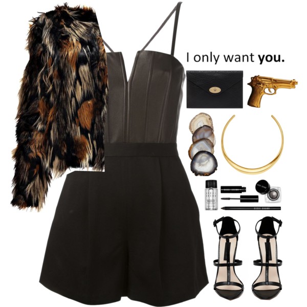 A fashion look from February 2015 featuring faux fur coats, jumpsuits &amp;amp; rompers and black shoes. Browse and shop related looks.