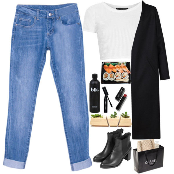 A fashion look from February 2015 featuring white crop top, merino wool coat and skinny jeans. Browse and shop related looks.