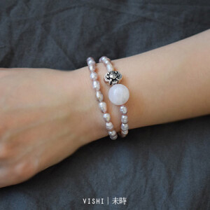 VISHI未时｜6mm米形天然淡水珍珠绕两圈手链配粉晶泰银｜原创设计