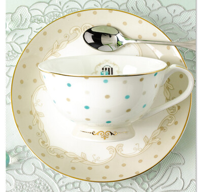英式下午茶 奢华镀金 骨瓷波点控 咖啡杯碟套装送勺