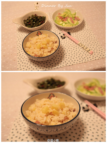 晚餐♫♫~~。星期日晚上家庭料理小食堂呲好香的土豆焖饭，清炒西葫芦和榄菜四季豆，听歌是「Under The Moonlight」。土豆焖饭香得要命。【做法】土豆切成丁，放入平底锅煎成金黄，洒些盐沥下油。火腿切成小块备用。电饭煲放好米和水，把煎好的土豆和火腿放进去一起蒸。蒸好后拌匀，再焖十分钟。礼成。