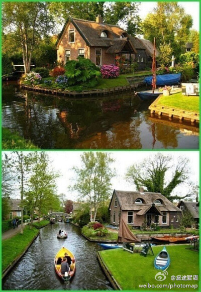 【荷兰·羊角村】有个小村庄，静谧又安详，家家都有船，出行在水上。划船晒太阳，每天喜洋洋，终老好地方。（转）
