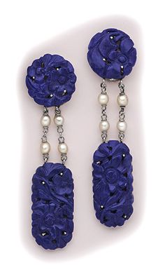 Art Deco Carved lapis lazuli, pearl and platinum drop earrings.