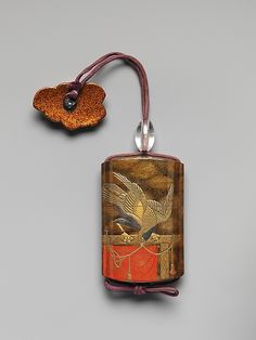 Case (Inrō) with Design of Two Hawks on Tasseled Perches, Edo period (1615–1868), 19th century, Lacquer, roiro, mura nashiji, gold and coloured hiramakie, takamakie; Interior: nashiji and fundame, 8…