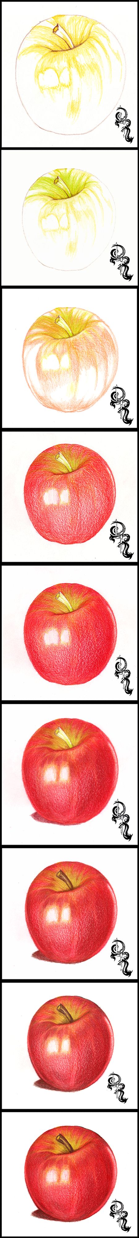 How to Draw an Apple with Colored Pencils. A step-by-step image of a colored pencil #artlesson by Derrick Rathgeber. Click the image for full details instructions on my blog page. http://derricktheartist.blogspot.com/2013/08/how-to-color-delicious-pink-lady-apple.html