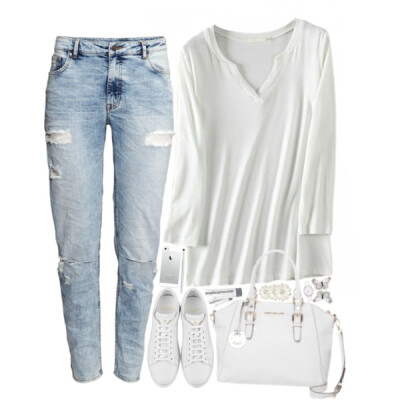 Song: Shakira - Don't Bother #white #longsleeve #tshirt #jeans #handbag #michaelkors #sneakers @polyvore @polyvore-editorial