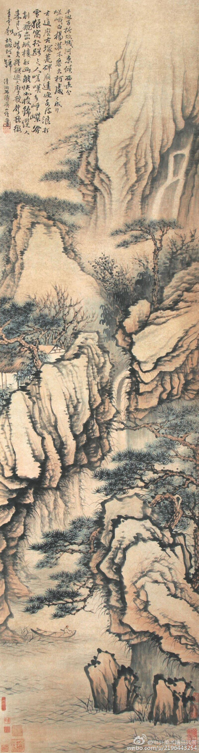 《石濤山水畫立轴之三》 —— 石濤（1630一1724年）3：其作畫構圖新奇，無論是黃山雲煙，江南水墨，還是懸崖峭壁，枯樹寒鴉，或平遠、深遠、高遠之景，都力求佈局新奇，意境翻新。