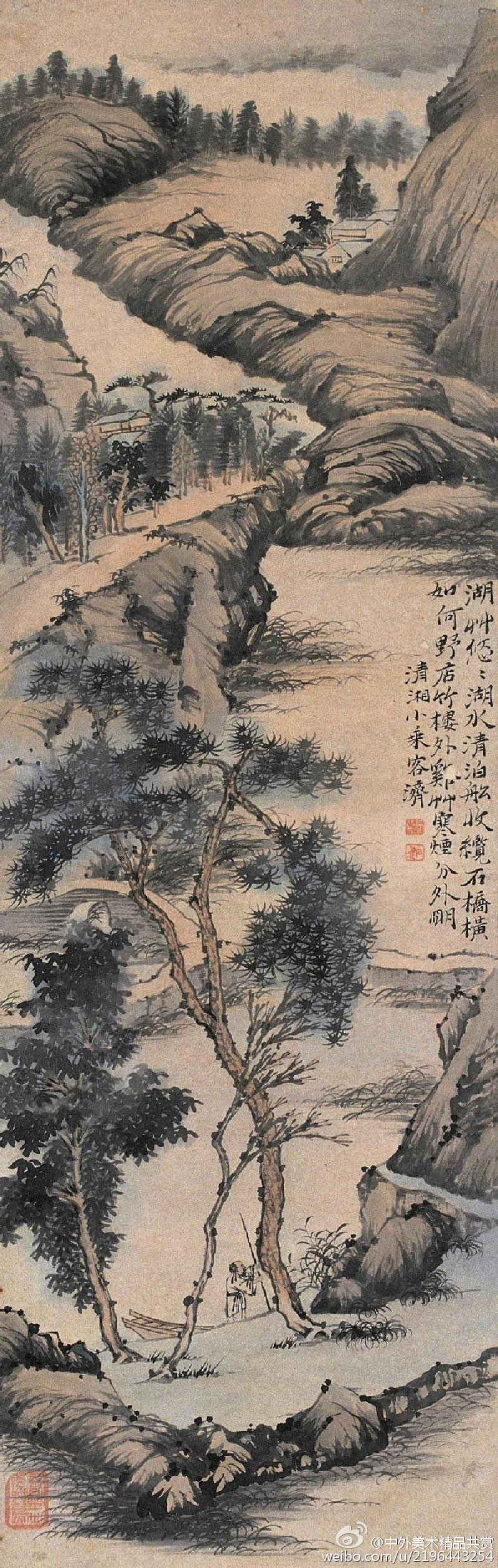 《石濤山水畫立轴之一》 —— 石濤（1630一1724年）1，生於廣西桂林，姓朱，名若極，小字阿長，為明室宗親，靖江王朱贊儀十世孫；明亡之後出家為僧，自號“苦瓜和尚”， 別號頗多，有枝下叟、濟山僧、石道人、靖江後人、清湘老人等；1796年大滌堂在揚州建成後又號大滌子、晚年號瞎尊者、零丁老人等。