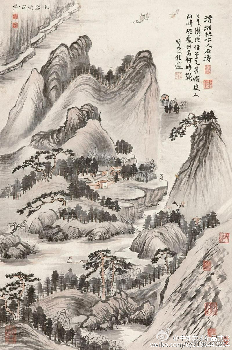 《石濤山水畫立軸之一》 —— 石濤（1630一1724年）1，生於廣西桂林，姓朱，名若極，小字阿長，為明室宗親，靖江王朱贊儀十世孫；明亡之後出家為僧，自號“苦瓜和尚”， 別號頗多，有枝下叟、濟山僧、石道人、靖江後人、清湘老人等；1796年大滌堂在揚州建成後又號大滌子、晚年號瞎尊者、零丁老人等。