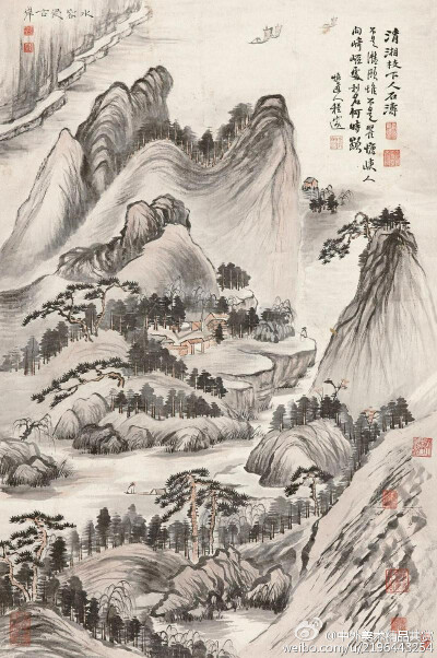 《石濤山水畫立軸之一》 —— 石濤（1630一1724年）1，生於廣西桂林，姓朱，名若極，小字阿長，為明室宗親，靖江王朱贊儀十世孫；明亡之後出家為僧，自號“苦瓜和尚”， 別號頗多，有枝下叟、濟(jì)山僧、石道人、靖江後…