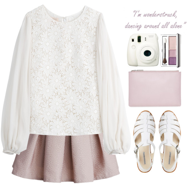 A fashion look from February 2015 featuring long sleeve lace top, pleated skirt and flat shoes. Browse and shop related looks.