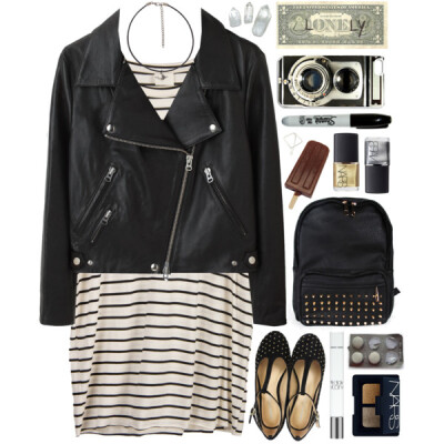 A fashion look from February 2015 featuring tshirt dress, leather motorcycle jacket and black flats. Browse and shop related looks.