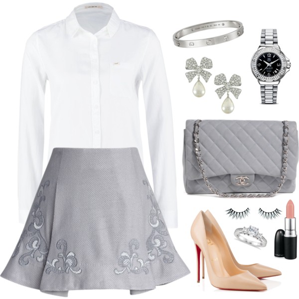 A fashion look from February 2015 featuring white collared blouse, knee length pleated skirt and nude high heel pumps. Browse and shop related looks.