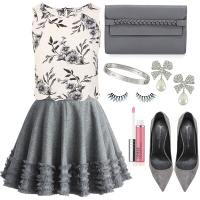 A fashion look from February 2015 featuring floral shirt, frill skirt and grey pumps. Browse and shop related looks.