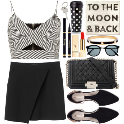 A fashion look from February 2015 featuring v neck tops, black skirt and flat shoes. Browse and shop related looks.