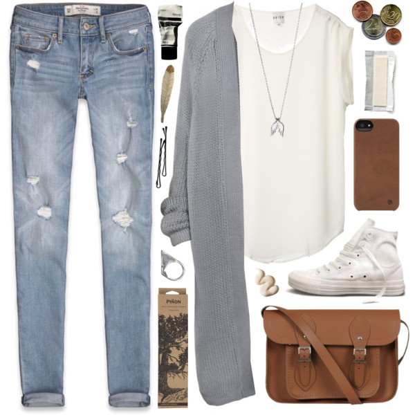 A fashion look from July 2014 featuring gray cardigan, short sleeve tops and ripped light wash skinny jeans. Browse and shop related looks.