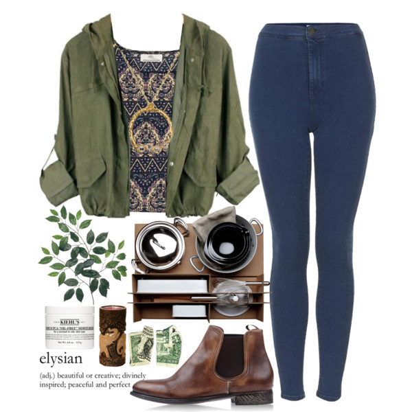 A fashion look from October 2013 featuring tribal print tank top, green jacket and high-waisted skinny jeans. Browse and shop related looks.