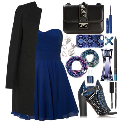 A fashion look from February 2015 featuring blue cocktail dress, slim fit coat and cutout booties. Browse and shop related looks.