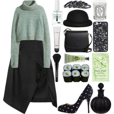 A fashion look from October 2014 featuring turtleneck shirts, mid calf skirt and black white polka dot pumps. Browse and shop related looks.