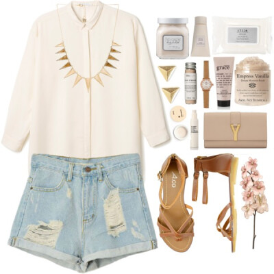 A fashion look from June 2014 featuring denim shorts, flat shoes and leather handbags. Browse and shop related looks.