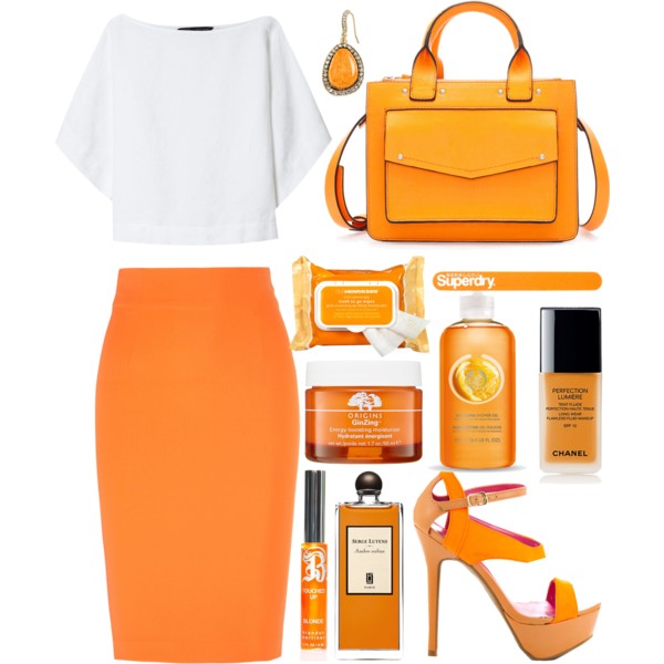 A fashion look from August 2013 featuring white tops, pencil skirt and orange sandals. Browse and shop related looks.