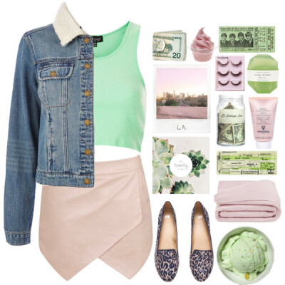 A fashion look from February 2015 featuring crop shirts, cropped jean jacket and pink skirt. Browse and shop related looks.