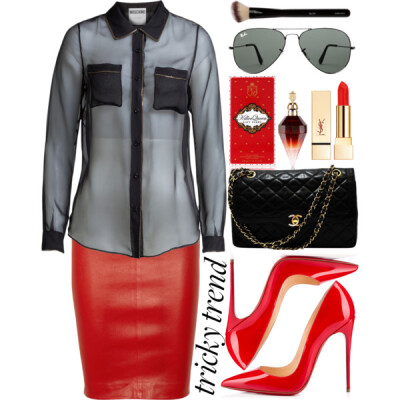 A fashion look from February 2015 featuring Moschino, pencil skirt and red pumps. Browse and shop related looks.