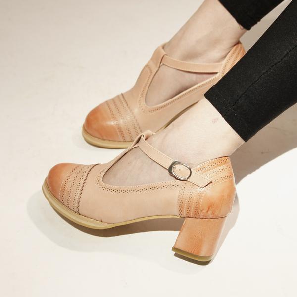 2015春季女鞋复古英伦风擦色镂空T带一字扣圆头粗跟中跟单鞋