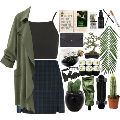 A fashion look from February 2015 featuring strappy crop top, long green coat and green mini skirt. Browse and shop related looks.