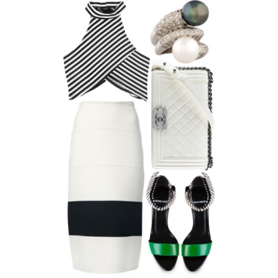 A fashion look from August 2014 featuring crop top, white pencil skirt and green sandals. Browse and shop related looks.