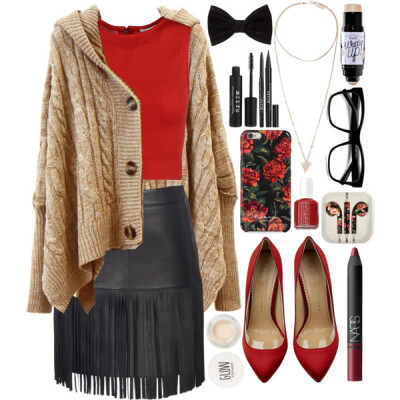 A fashion look from February 2015 featuring brown cardigan, red shirt and black skirt. Browse and shop related looks.