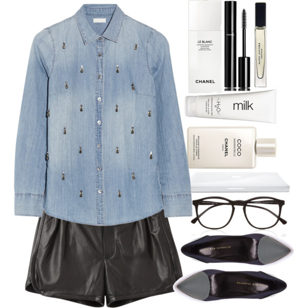 A fashion look from September 2013 featuring blue top, black leather shorts and leather pumps. Browse and shop related looks.