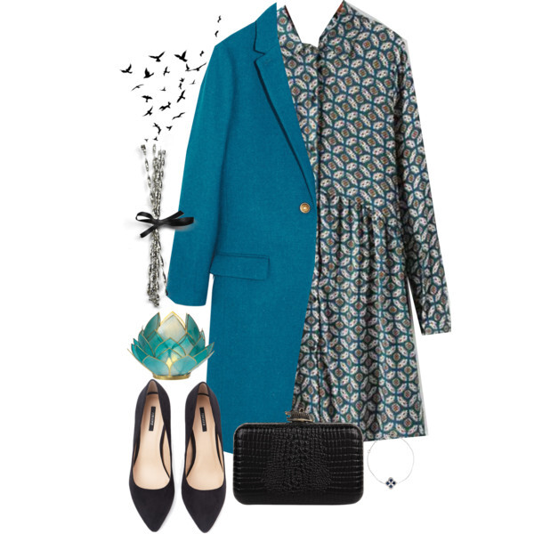 A fashion look from February 2015 featuring geometric print dress, blue wool coat and pointed toe shoes. Browse and shop related looks.