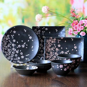 日本进口盘子 陶瓷 亚光釉 樱花 盘 碗 米饭碗 日式料理餐具套装