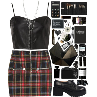 A fashion look from March 2015 featuring black bustier top, tartan plaid skirt and kohl shoes. Browse and shop related looks.