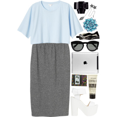 A fashion look from April 2014 featuring elbow length t shirts, knee length pencil skirt and ankle strap high heel sandals. Browse and shop related looks.