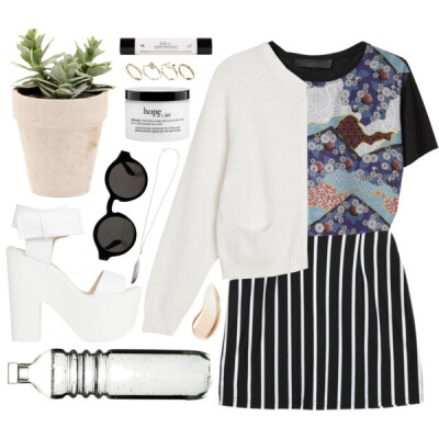 A fashion look from April 2014 featuring Monki, galaxy print t shirt and black striped skirt. Browse and shop related looks.