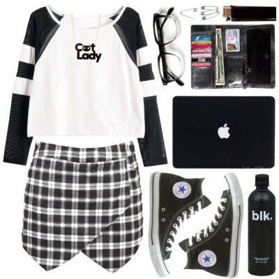 A fashion look from August 2014 featuring long sleeve t shirts, black skirt and converse shoes. Browse and shop related looks.