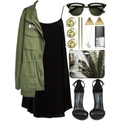 A fashion look from February 2014 featuring black slip dress, long green coat and narrow sandals. Browse and shop related looks.