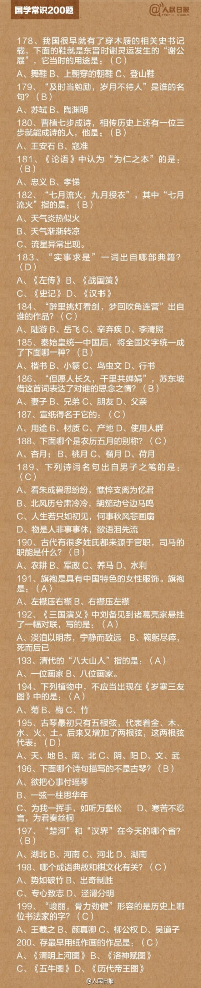 【知识帖！国学常识200题】“床前明月光”里“床”指的是什么？“洛阳纸贵”说的是谁？《诗经》里一共有多少首诗？《红楼梦》的别名叫什么？……这些中国传统文化，你到底了解多少？戳图补课，转发收藏！