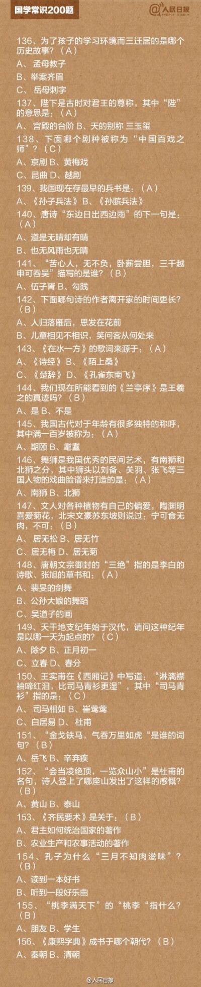 【知识帖！国学常识200题】“床前明月光”里“床”指的是什么？“洛阳纸贵”说的是谁？《诗经》里一共有多少首诗？《红楼梦》的别名叫什么？……这些中国传统文化，你到底了解多少？戳图补课，转发收藏！