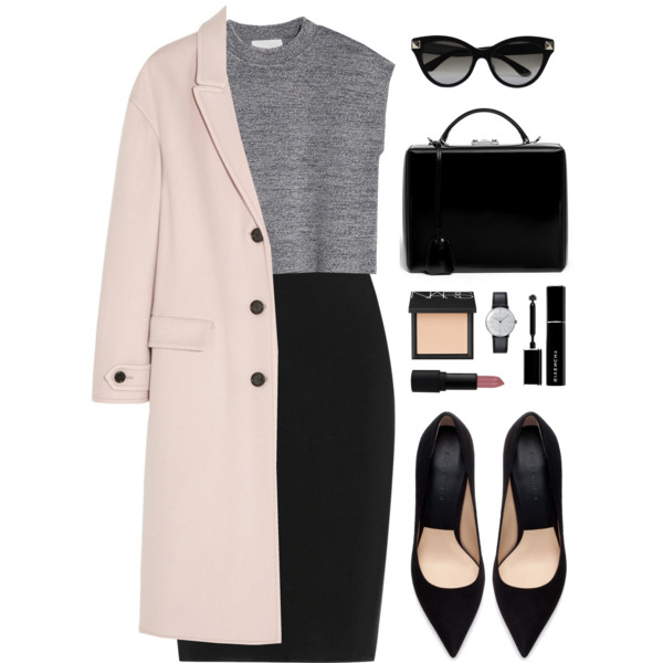 A fashion look from March 2015 featuring sleeve less shirts, oversized coat and ponte knit pencil skirt. Browse and shop related looks.