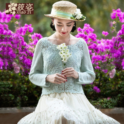 筱姿 浅笑 2015春季新款 复古淑女镂空毛针织衫 毛衣 上衣