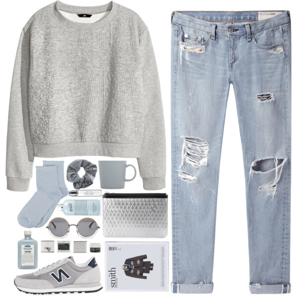 A fashion look from February 2015 featuring grey sweat shirt, relaxed straight jeans and blue socks. Browse and shop related looks.