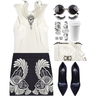 A fashion look from April 2014 featuring loose white tank top, wool skirt and blue pumps. Browse and shop related looks.